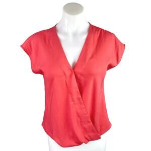 Ann Taylor Women's Red Short Sleeve Faux Wrap V-Neck Blouse Shirt Top Size S